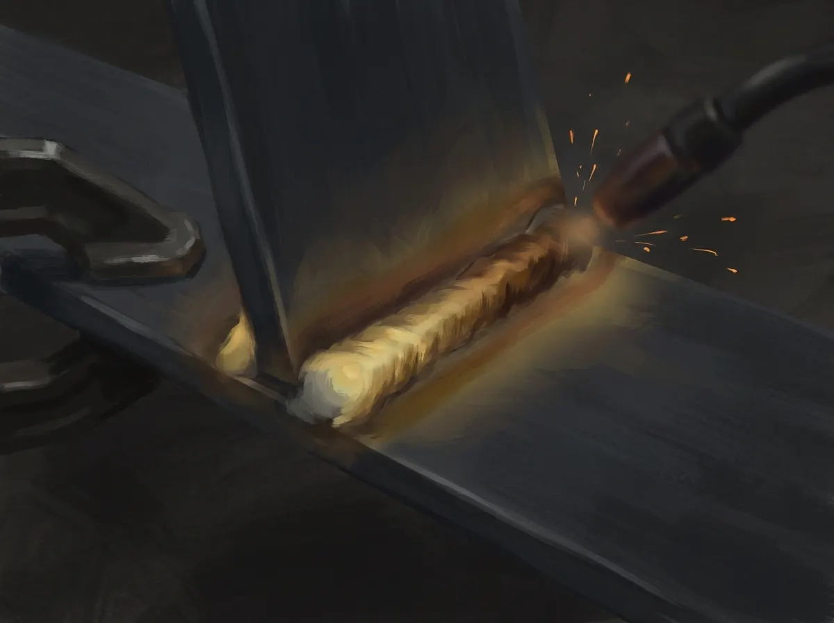 Illustration of a V-bevel weld joint mid-weld: two steel plates meeting at an angle, a fresh weld bead with straw to bronze heat discoloration along the seam, a fixture clamp edge in frame, a few small sparks near the torch tip